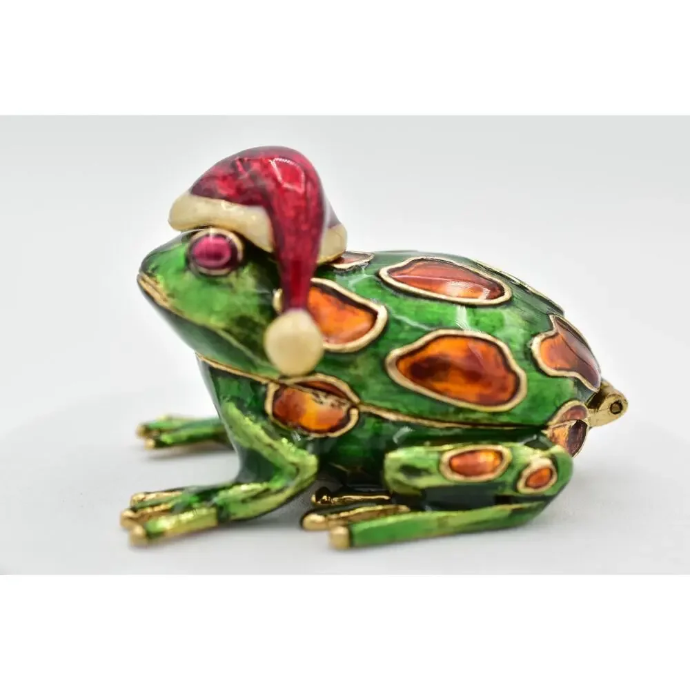 Monet Vintage Christmas Trinket Box Santa Claus Frog Enamel Holiday Gold Green